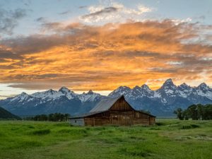 Mormon Row Barn and Tetons by judy hill